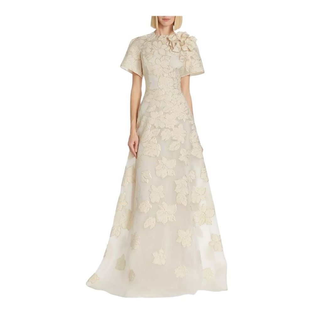 ❌❌ Sold Teri Jon by Rickie Freeman Ivory and Gold Floral Jacquard A-line Gown - Picture 1 of 12